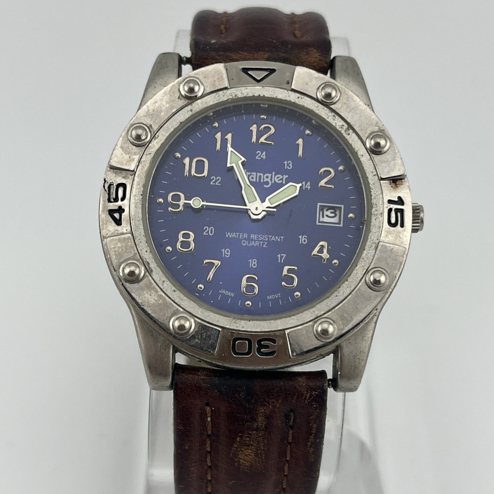Wrangler Hero Watch Men 40mm Case Blue Dial Brown Leather Band- New Battery